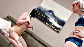 Bonded submissive obeying her trans mistress