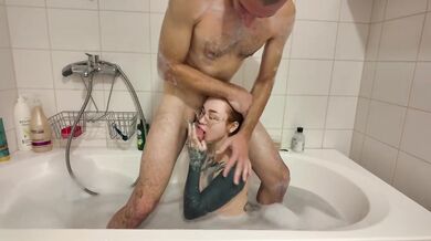 Redhead babysitter gets throat fucked in bathroom