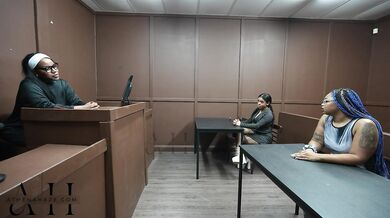 Ebony Slut fucks & sucks in judge Athena Hazes courtroom