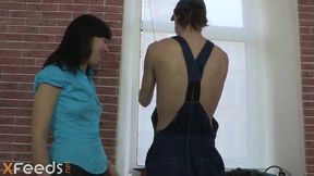 Handyman Inspects Slim Brunette After Completing the Job