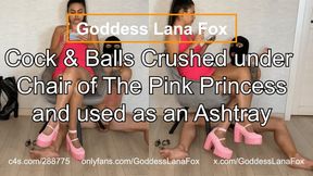 Cock & Balls Crushed under Chair of The Pink Princess and used as an Ashtray