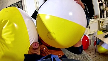 Denim Beach Ball Humiliation. Deepthroat, Popping, Doggy and Double Cum