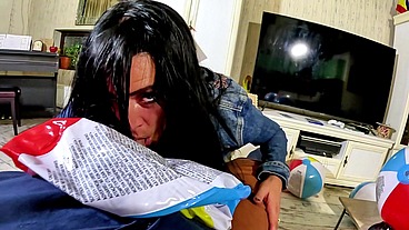 Denim Beach Ball Humiliation. Deepthroat, Popping, Doggy and Double Cum