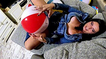 Denim Beach Ball Humiliation. Deepthroat, Popping, Doggy and Double Cum