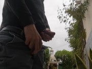 Jerkoff outside and cumming on a plant