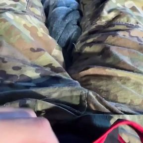 Army specialist jerks off in his uniform wearing a jock and wrestling singlet under the uniform