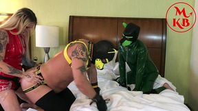 mistress kora bell dominates pup play duo: pegging, encouraged bi, boot worship & doggy discipline with the pups