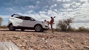 Pervy girl gets fucked on a roadside, bent over against the car