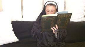 Naughty Nun Smokes a Cigarette Behind Her Bible in Church