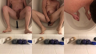 Steelwood303 fucks dildo in shower and cums