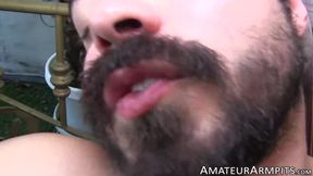 Long haired amateur jock choking on big hairy cock outdoor