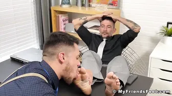 Dominant boss gets his feet worshipped and licked by young employee