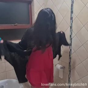 Guy pisses on girl's fat pussy and cotton panty for her to put on and walk in