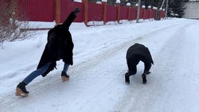 Zanotti heelless on ice, platform shoes on ice, girl on high heels on ice, slippery shoes