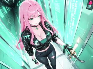 AI-generated- Pink-Haired Leather Tech! Private vibes in a neon-lit cyber corridor.