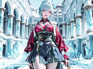 Ice Throne! Silver-haired Mage in Red-green Gown Kneeling, Blue-haired Partner Teasing in Kingdom!