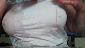 busty milf wetting my t-shirt without bra and get orgasm by pierced nipples playing
