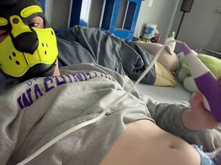 Yellow pup humps buzz wand and desperately tries to cum in soggy diaper