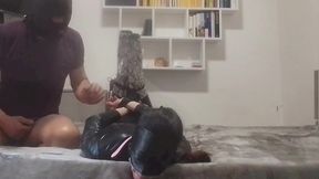 hogtied milf gets mouth-fucked and cum-swallowed