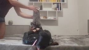 hogtied milf gets mouth-fucked and cum-swallowed