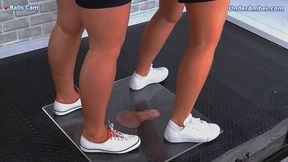Flattening Your Cock & Balls Under Our White Pumps & Plexiglass - 182 Balls Cam - Goddess Amber - Miss Lucy - Trample Trampling CBT Ballbusting Crushing Crush Trainers Fetish
