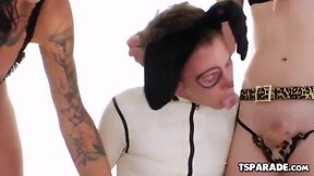 Tranny babes team up on a twink