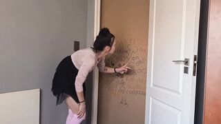 Gloryhole bimbo blows and jerks my penis to got through doorway