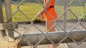 Kilo walking in belt and cuffs in prison bondage