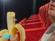 BLOWFLASH in the THEATER: a slutty milf can't resist to give a banana a blowjob