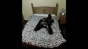 Teased by wand in self bondage latex hogtie