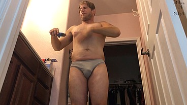 Hairy Guy N Man-Thong Shaves Body