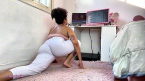 chubby girl farting in white pants while doing yoga