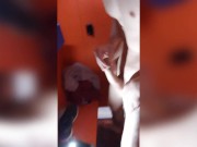 Twink being fucked bareback in a pool's stall and jerks his big cock