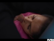 Tiny shy brunette filled up with cum by shemale