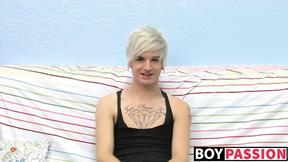 ”Inked smooth teen Austin moans during sexy masturbation”