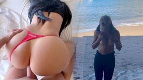 BEACH ADVENTURE: Perfect tits &amp; big ass exposed in public gets fucked after topless