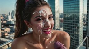 Maxi Smiles Wide, Cum-Covered, Holding Your Cock High Above The City