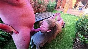 Older woman with blonde hair and natural huge melons gets on her knees to give a