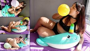 Popping balloons while riding my narwal inflatable - Bunny Looner