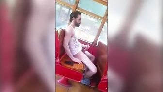 Straight guy strokes his big cock on the bus