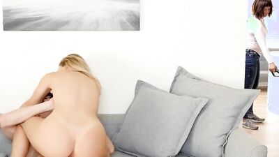 Smoking hot babe is riding her stepson's hard prick o n the couch