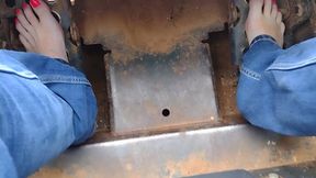 Pedal pumping a Bobcat tractor &mdash;  start with socks & shoes then I removed them and pumped barefooted