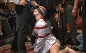 Appealing male slave lets these curious guys play with him in dirty fetishes