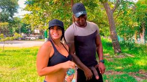 Latina girl Silvana Lee shows off her perfect body as she sucks and rides huge black cock in public