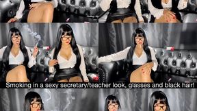 Smoking marlboro red 100s in a secretary-teacher look, glasses and black hair!