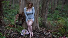 Big titted blonde MILF toys her anus and rubs her hairy pussy outdoors