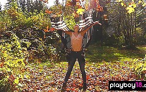 Acrobatic all natural brunette babe Alexandra Belle stripping in the woods