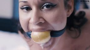 Calissa Bliss Hog cuffed with pantyhose and a huge ball gag with gag talk massive drool mobile 720p