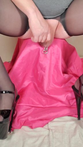 Stunning moment from "Transgender in Crotchless Pantyhose and Platform Heels - She Plays with Her Big Soft Dick on Camera"