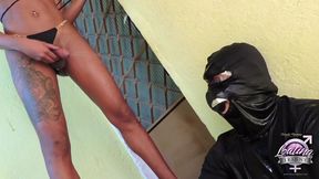 horny tgirls gangbang bukkake on a masked dude and he gets sprayed with lots of semen